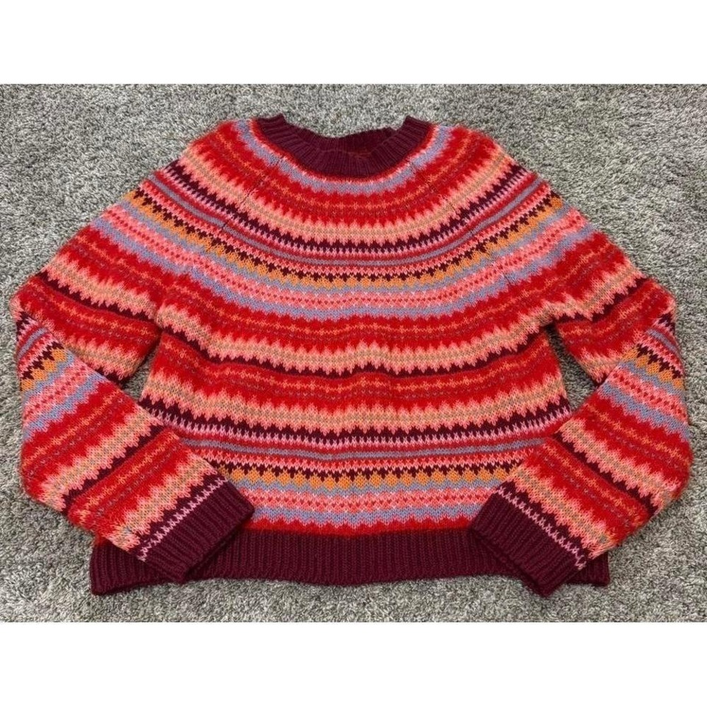 American Eagle Fair Isle Sweater Red Pink Multi Knit Crewneck Pullover Large